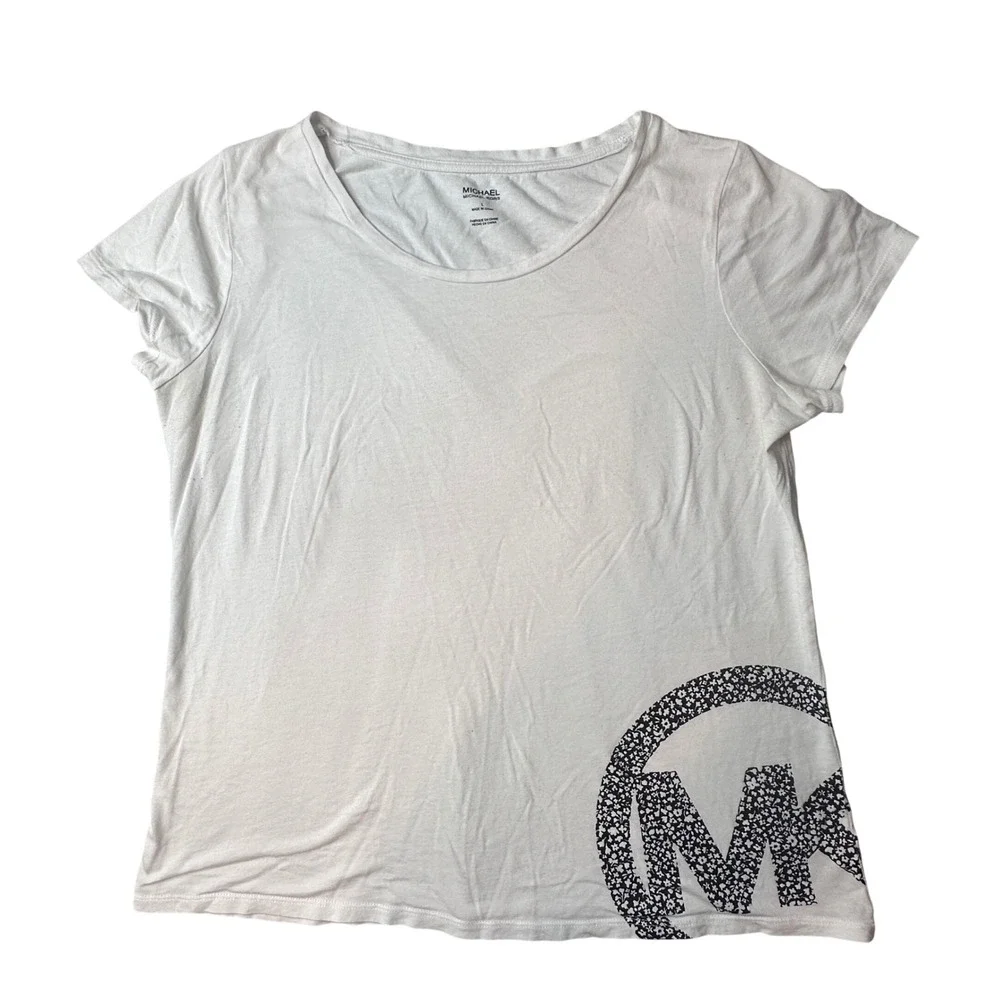 Michael Michael Kors T-Shirt Womens L White Floral MK Circle Logo Scoop Neck Tee